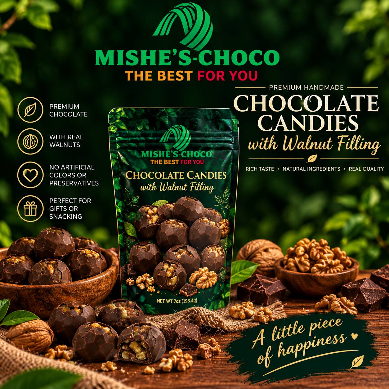 W DARK CHOCOLATE CANDIES WITH ROASTED WALNUTS 7oz 198g - Image 1